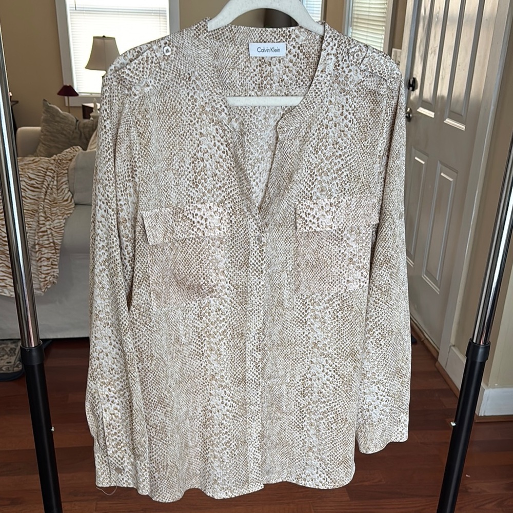Calvin Klein White Brown Long Sleeve Blouse